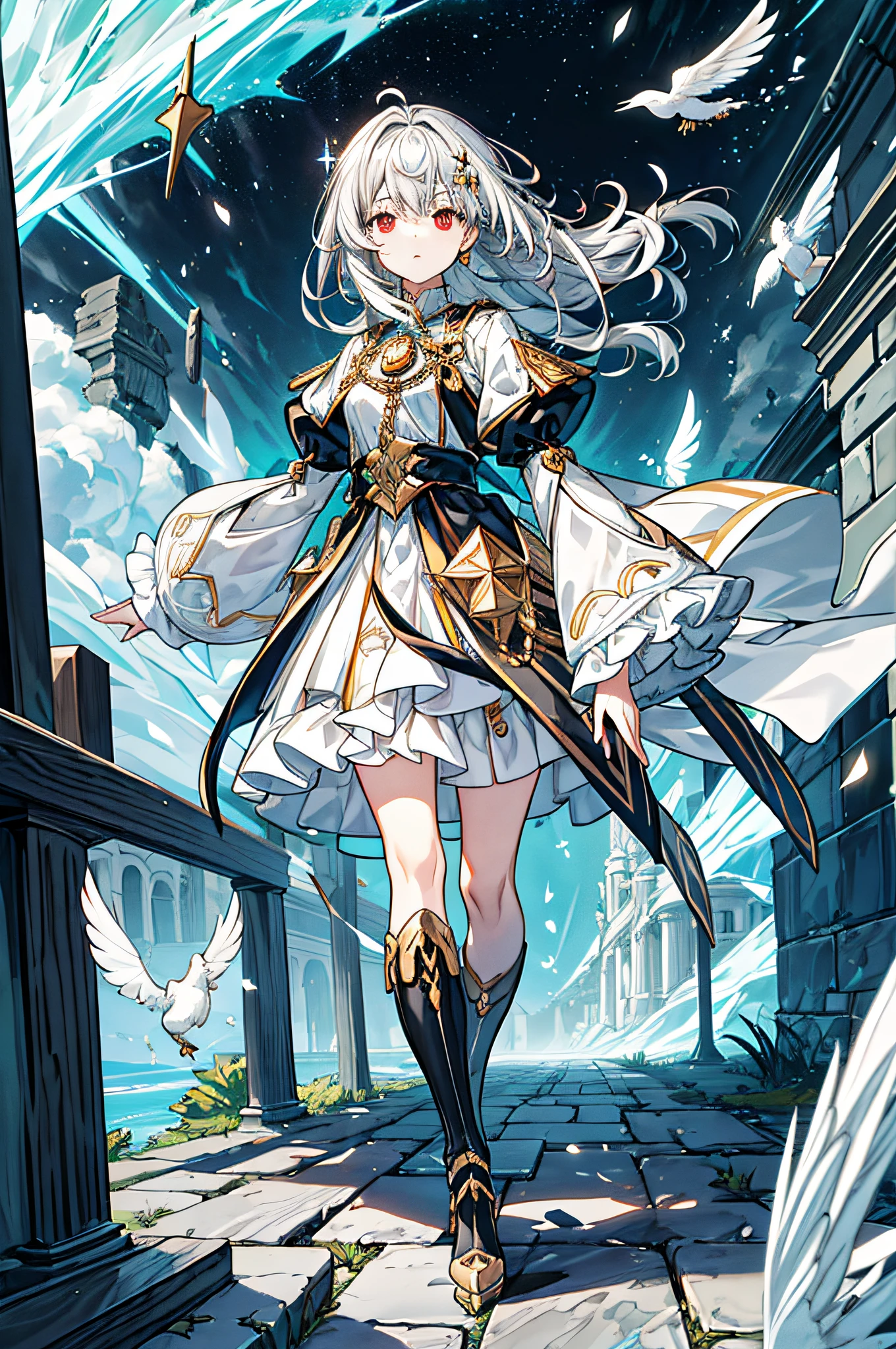 masutepiece,(top-quality),ighly detailed,Ultra-detailed, Cold, Solo, (1girl in), detailedeyes, Shining Golden Eyes, (Long River Hair), deadpan, (Long sleeves, Puffy sleeves),, (heavy-metal:1.2), (Metal jewelry), Cross Lace Footwear (chain), (white pigeon:1.2), Dull hair, wing-like bangs, Dark coat, Black eyes, monocle, Broken Mirror Earth, looking-down, (Half-tied hair), (Hair Loop),(Dull hair:1.2)Flying glass shards and paper shards, The Flying Stones, (heavy wind), Ruins, Science fiction, intricate-detail, The beauty of the iceberg, Red Eyes, hime_cut, medium breasts, White hair, Silver_hair