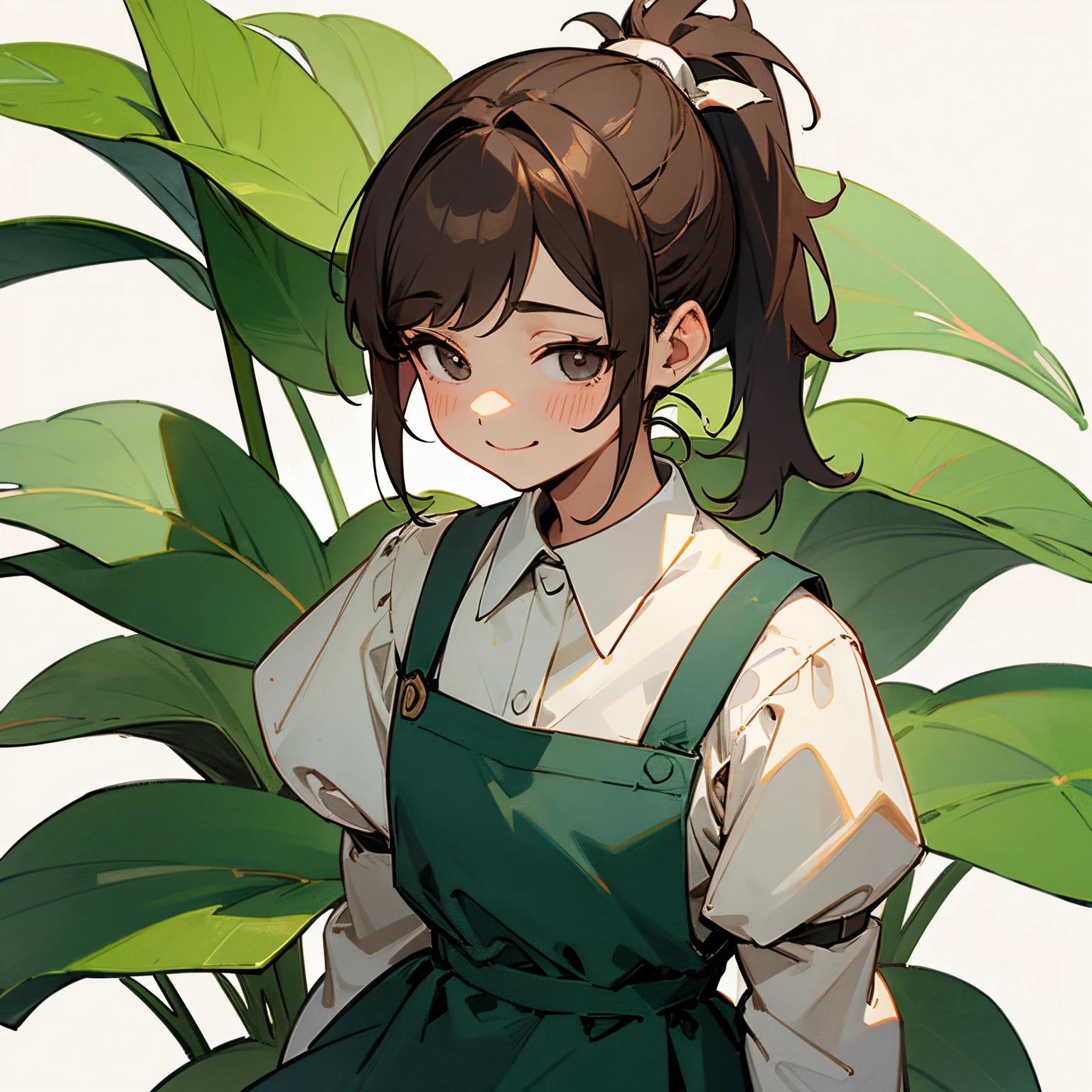 Brown ponytail、a plant、A slight smil、pinafore