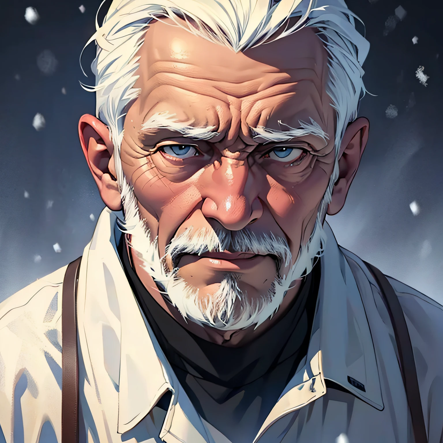 old man facing the camera while been sad snow background