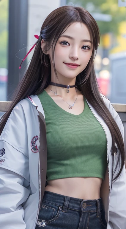 Photorealistic, masutepiece, Best Quality, Raw photo, 1girl in, Solo, Twin-tailed, Brown hair, Detailed face, alluring face, evil smile、耳环、a choker、Neon Shirt、Open jacket、croptop, medium breasts, Dynamic Pose, Looking at Viewer, From below, Detailed background, fine detailed, intricate detailes, Ray tracing, depth of fields, lowkey, nffsw