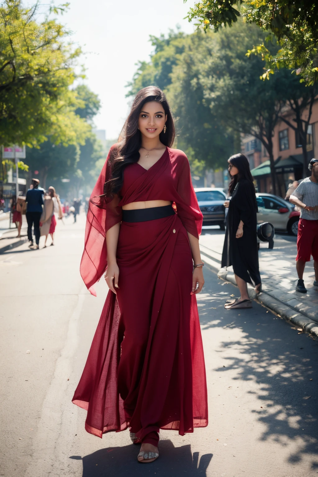 Portrait of A confident-looking Indian woman with long flowing hair, hazel eyes, with flowing capes, sitting in the park, wearing saree, cute smile on face, city streets background, bokeh, with perfect composition, hyperrealistic, super detailed, 8k, high quality, trending art, trending on artstation, sharp focus, studio photo, intricate details, highly detailed, art by greg rutkowski,this photo must be his full body with shops behind,look like it is shot from at a distance of 10m