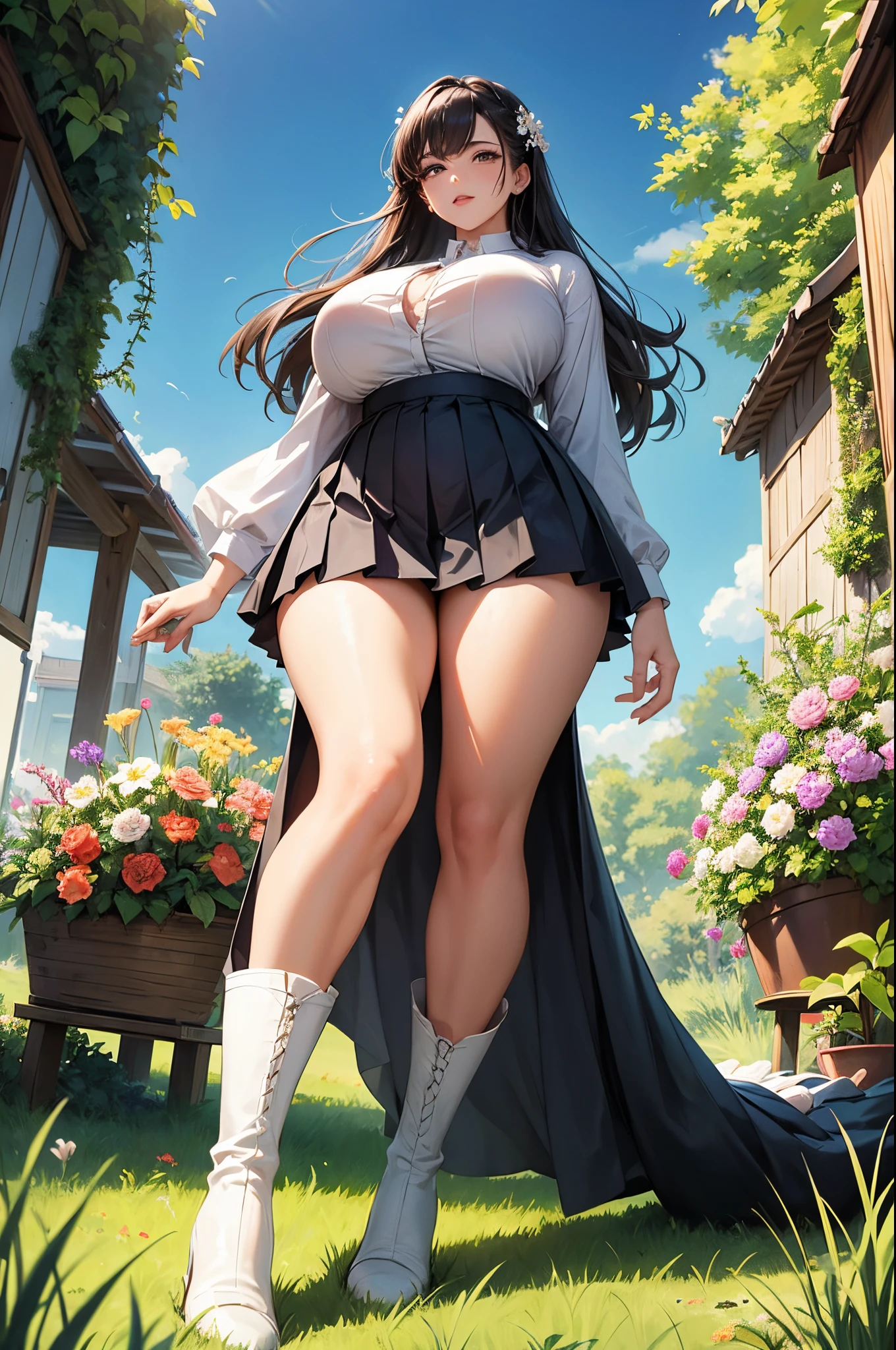 30 years old woman seen from below, full voluptuous body, detailed long thick legs, detailed big breasts, wearing shirt and pleated skirt, long white boots, in a night place full of flowers and plants, long grass, stepping on the grass.