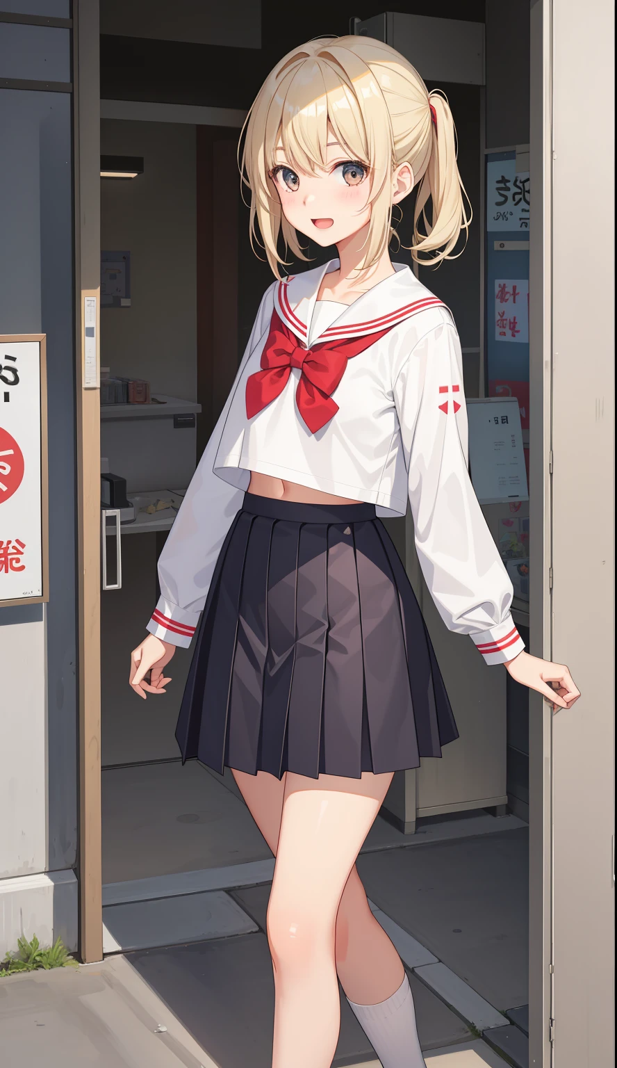 1girl in、AS-Adult、ssmile、opened mouth、、be shy、shirt、Skirt from、Cream-colored hair、(small boobs)Japanese High School、high school uniform、serafuku、Walking with the hip、upper body portrait、