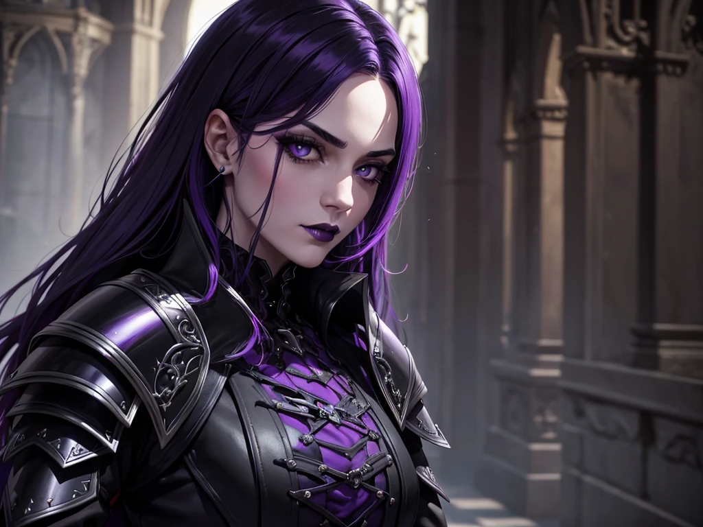 An adult vampire wizard character wearing a very detailed and beautiful gothic armor in black and purple color. Seu cabelo com corte em estilo curto, black lip color, cor roxa dos olhos;, manto, capuz, caminhando, 8k, Magnificent, Black and purple Gothic armor, capa