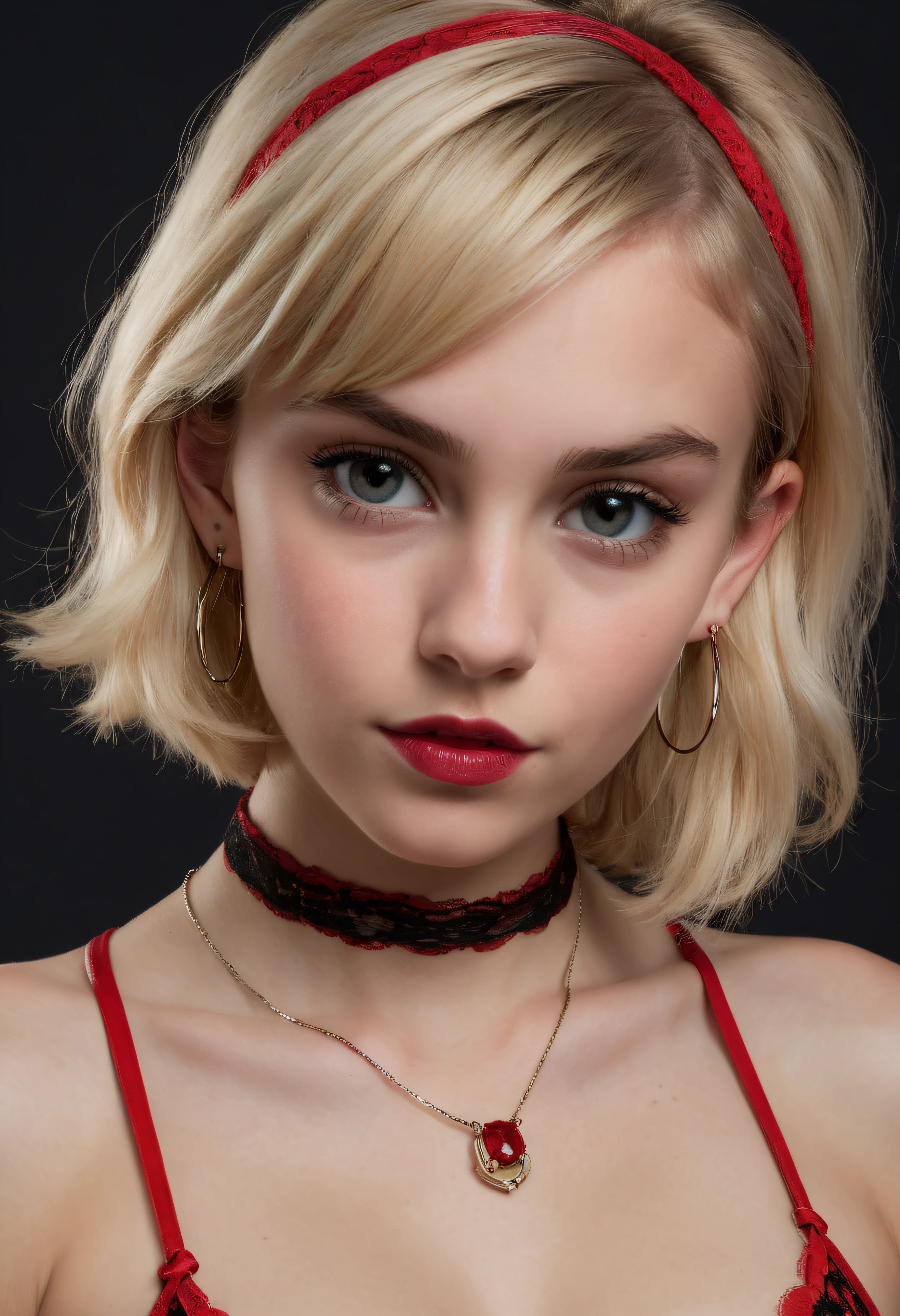 An extremely tiny, thin, petitie, extremely young-looking, teenage female, with an extremely stacked body, extremely huge breasts, pixie-cut blonde hair, Braces, large hoop earrings, necklace with ruby pendant, red leather and lace string bikini, pitch black background