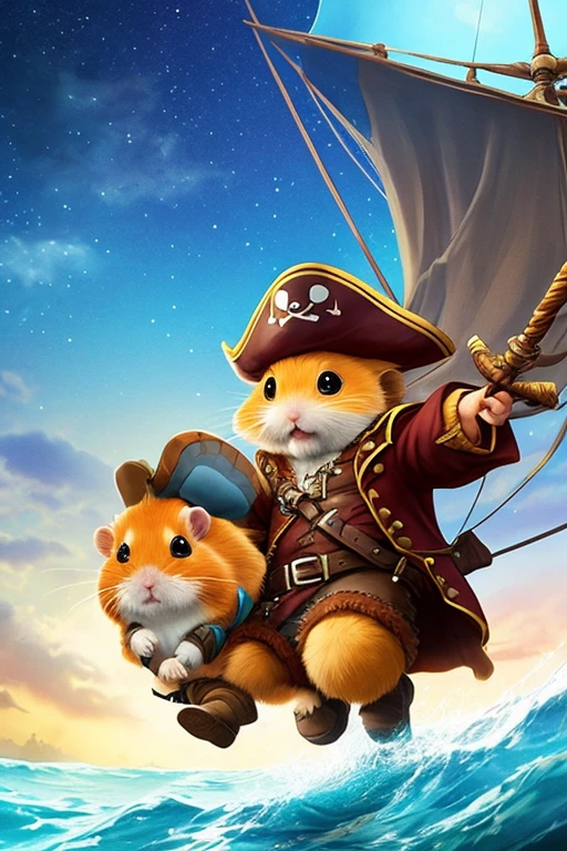 A cute hamster, rpg adventurer clothing, pirate outfit, angle from below, night sky