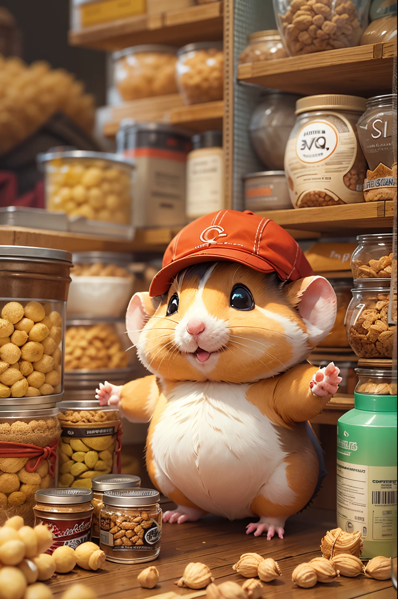 Q version,Chunky Hamster Adventurer,Cute and cute,adventurer clothing,adventurer hat,backpacks,(Low angle viewing angle:1.4),Huge warehouse,Rich in ingredients,potatoes,corn flake,soybean,appearance,pine nut,peanuts,walnuts,high saturated,hight contrast,vivd colour,hyper realisitc,ultra real photo,ultra - detailed,ultraclear,hyper-detailing,tmasterpiece