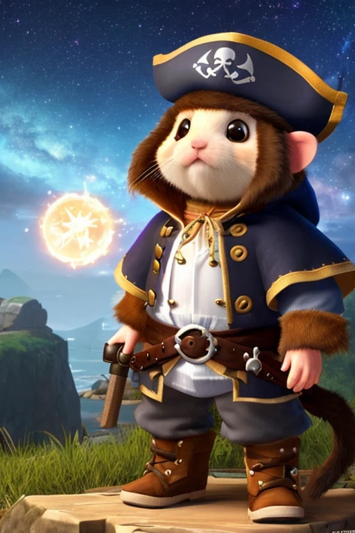 A cute hamster, rpg adventurer clothing, pirate outfit, angle from below, night sky