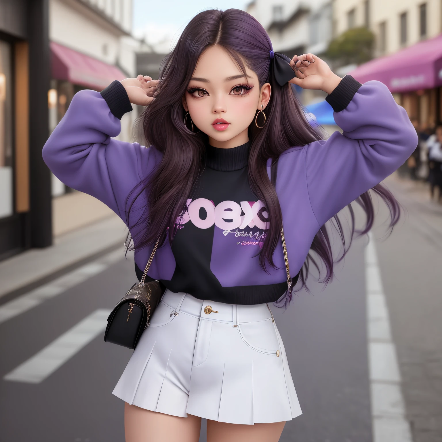 chica realista, cabello morado, ojos azules, jennie blackpink, estilo realista,excelente calidad, high resolusion, foto realista