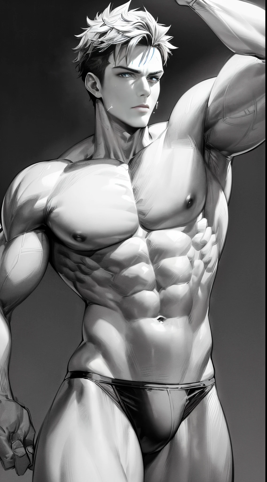 (masterpiece best quality 8k ultra-detailed:1.5) ultra realistic, solo male, muscular handsome under cut (((perfect face,perfect eyes))) (topless), (underwear, big bulge) sweat manly,detailed beautiful face and eyes, perfect beautiful body, perfect hands, ((dynamic pose)), shiny skin, realistic shade, sharp, anime style, illustration