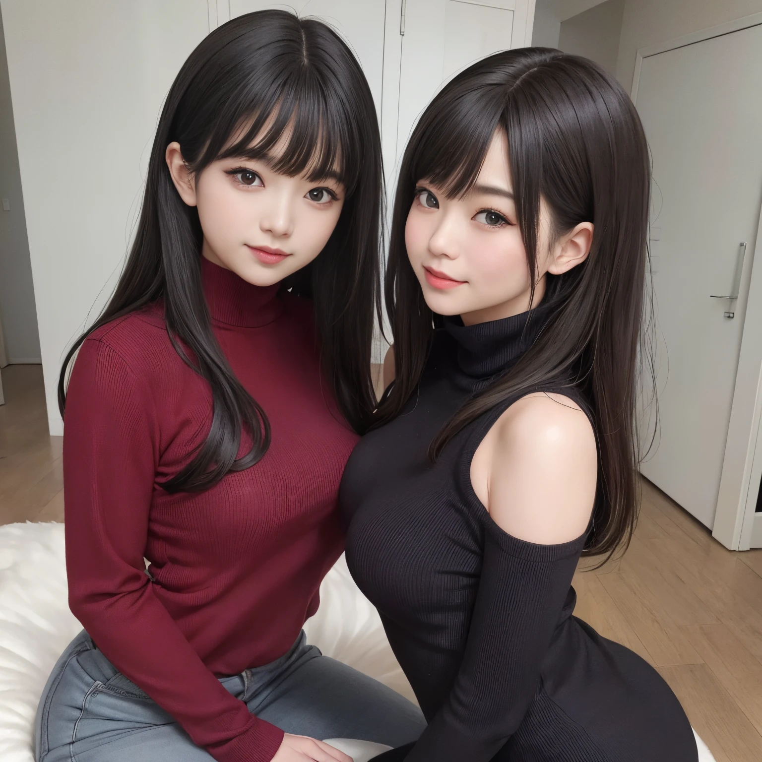 ((Best Quality, masutepiece, 超A high resolution、The most complex and detailed depictions))、Japan woman in turtleneck sweater、beatiful detailed eyes, shorth hair, Brown-eyed,(turtle neck:1.2), 细致背景, Look at viewers, from the front side、A smile、Knitted Dresses、The background is the living room of a living apartment.
