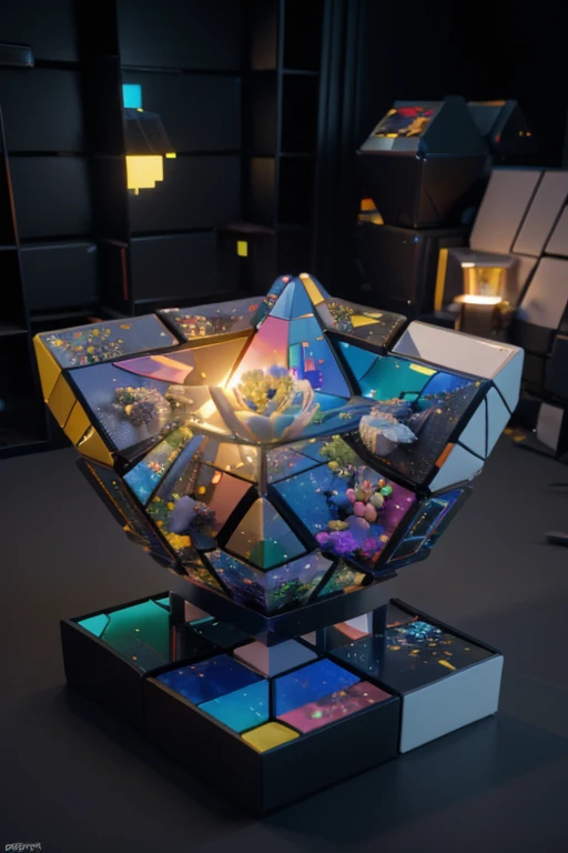 01_Three-dimensional abstraction, consisting of many blocks - cubes, pixels, multi-colored, glowing, bright, pixel blocks. In three-dimensional projection, these blocks form bizarre isometric shapes, there is a foreground, middle, and background. Isometrics. The painting depicts a three-dimensional geometric shape, a flower, a lotus, and a lily. The cubes emit a faint colored glow: geometry, stereometry , three-dimensional images, and geometric patterns. The main image is an isometric flower.
02_Style, volumetric cubism, supermatism, abstraction. Bright color painting, restrained color scheme, artistic style, 3D execution.
03_ 3D render. Visualization of a 3D scene. Highest quality, masterpiece. Cinematic quality, the film "Pixels". Sharp image. Correct isometry. Harmonious color scheme. HD quality 8K. High image quality, | Ultra HD | Full HD, cinematic rendering, 3D visualization - a masterpiece, TOP computer graphics ART. 8K rendering unity, motion capture, dark lighting, heavy shading, and great detail. (bright, photorealistic, realistic, dark, sharp focus, 8K).