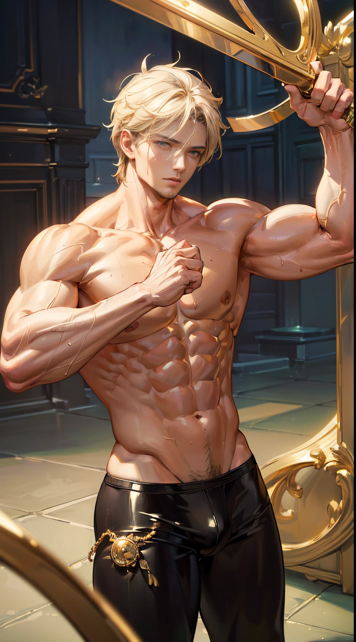 (masterpiece best quality 8k ultra-detailed:1.5) ultra realistic, solo male, muscular handsome (((gold under cut))) (((perfect face,perfect eyes))) (topless), (underwear, big bulge) sweat manly,detailed beautiful face and eyes, perfect beautiful body perfect hands, ((dynamic pose)), shiny skin, realistic shade, sharp, anime style, illustration