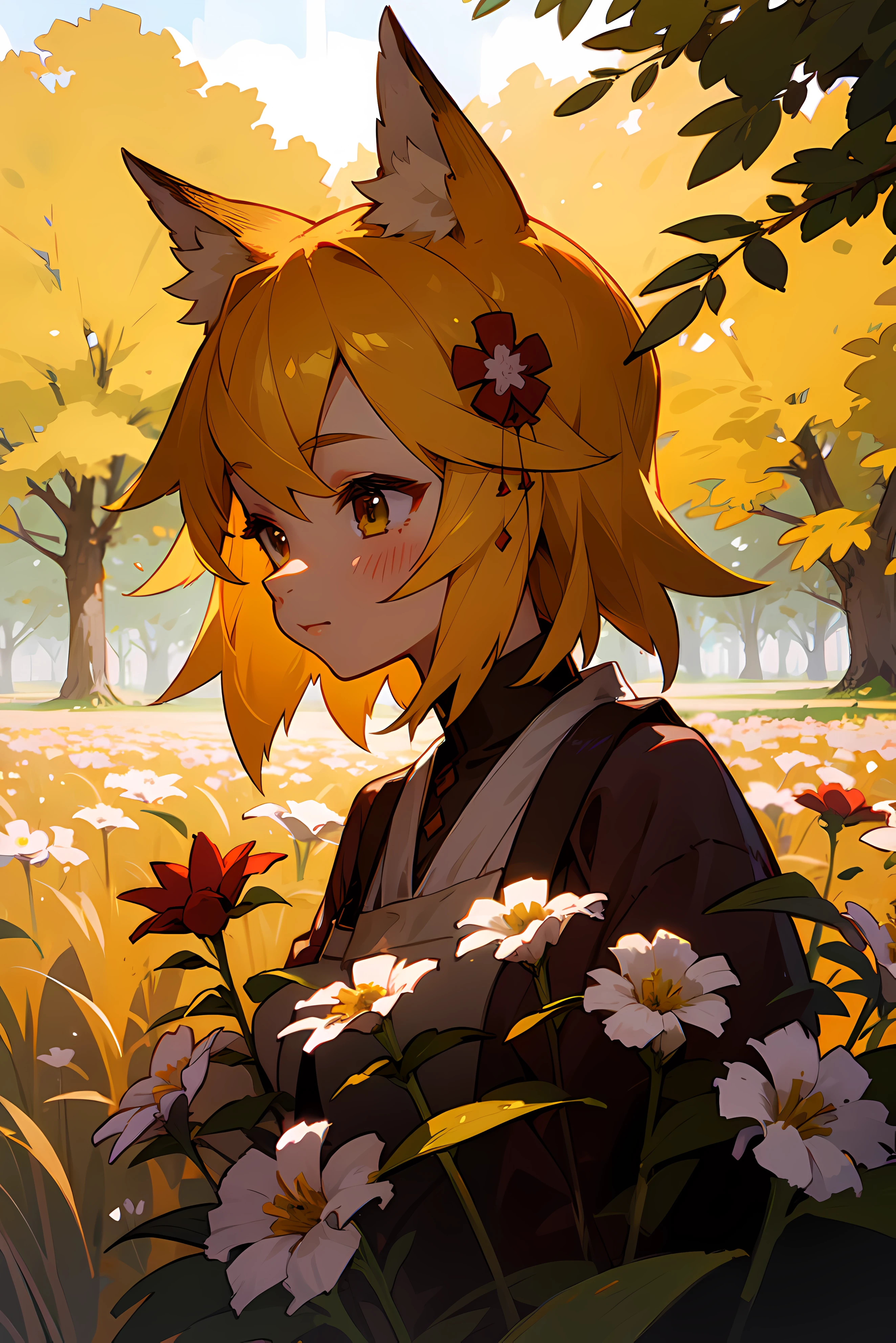 A  girl, Fox ears, field, 4k textures, Flowers, Beautiful flowers, Beautiful trees, maximum image detail, increase maximum detail by another 5 times, maximum detail everywhere, enlarge details 5 times