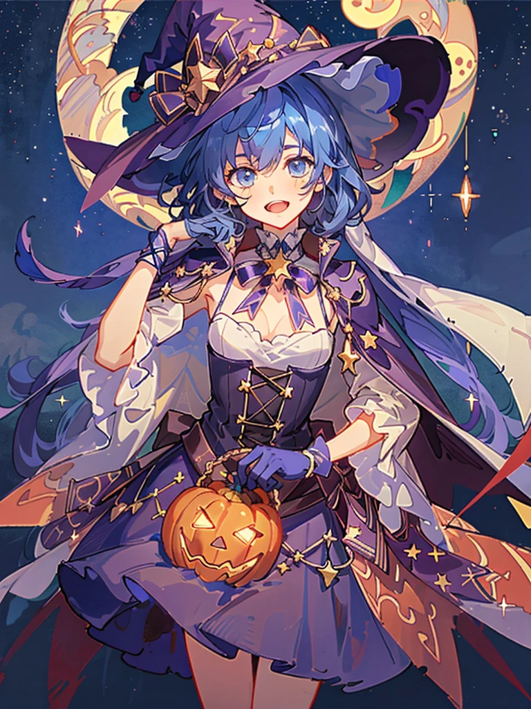 ((masterpiece:1.2, best quality)), 1girl, solo, (witch hat), a close up of a girl with curly hair, dress, aurora, night, star (sky), gloves, sky, dress, night sky, open mouth, starry sky, light blue eyes, ribbons, smile, cape, colorful hair, magic, casting spell, night, (impressionism:1.4), alphonse mucha, Halloween colors, colorful candy, magical lights, pumpkins, candies