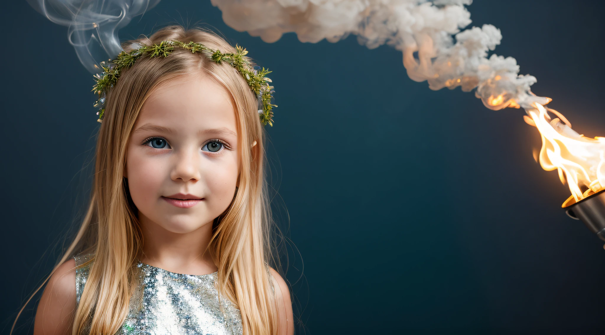 close-up CHILDREN BLONDE GIRL WITH LONG HAIR , em um fundo VERMELHO SANGUE VERMELHO., usando um vestido prateado, vestido prateado e halo ardente, studio photo session, fundo branco. FUMO FUMO VERMELHO. LASER AZUL.