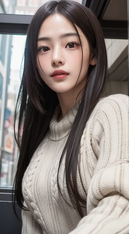Photorealistic, masutepiece, Best Quality, Raw photo, selfee、1girl in, Solo, Long hair, Brown hair, Detailed face, alluring face, Sweater that kills virgins, medium breasts, Dynamic Pose, Looking at Viewer, From below, Detailed background, fine detailed, intricate detailes, Ray tracing, depth of fields, lowkey, nffsw