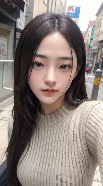 Photorealistic, masutepiece, Best Quality, Raw photo, selfee、1girl in, Solo, Long hair, Brown hair, Detailed face, alluring face, Sweater that kills virgins, medium breasts, Dynamic Pose, Looking at Viewer, From below, Detailed background, fine detailed, intricate detailes, Ray tracing, depth of fields, lowkey, nffsw