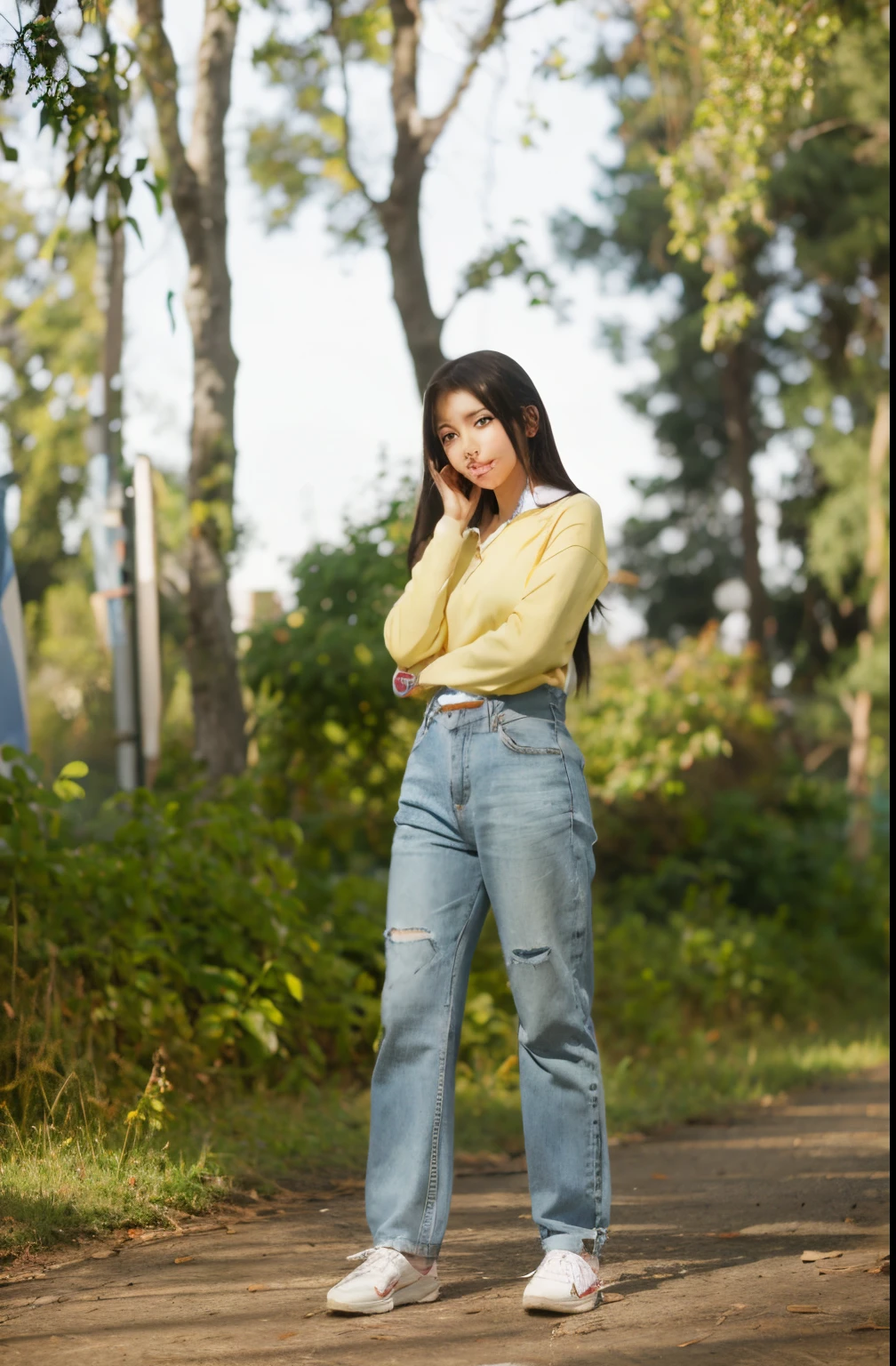 The girl is soaked in silver satin pants, Abundantly, standing in a deserted park early in the morning, smiles and enjoys, in his pants, He looks at his feet and rejoices