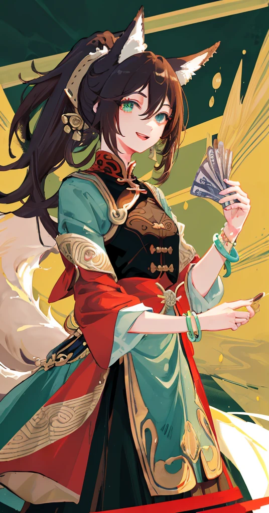 (Masterpiece, Top Quality, Best Quality, Official Art, Beauty and Aesthetics: 1.2), (Flat Color: 1.3), Very Detailed, Detailed Face and Eyes, Cinematic Light, SFW, Anime, Depth of Field, 1 Girl, Seduction Smile, Solo, Official, Brown Hair, Fox Ears, Ponytail, Hair Accessories, Green Eyes, Red Eye Shadow, Jewelry, Split Sleeves, Medium Tits, Dress, Tail, Bracelet, One Tail, Slightly Open Mouth, Chinese Style Background, Bling, Girl Listening Money Bag