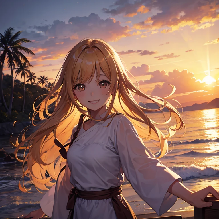 Woman with light golden hair, staring at sunset, happy, smiling, brown eyes, laughing, looking to the side