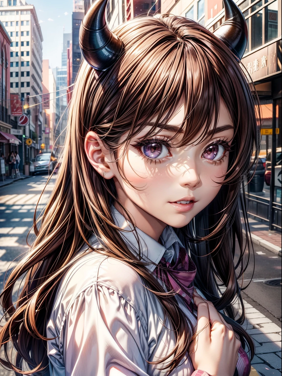 Best Quality, masutepiece, beautiful mature women、Beautiful face、Strong-minded woman、Wearing an office blouse、brown haired、Brown-eyed、long Hair、pink eyes、Full body like、Block sunlight with your hands、suns、look up sky、Downtown、A little dazzling, horns