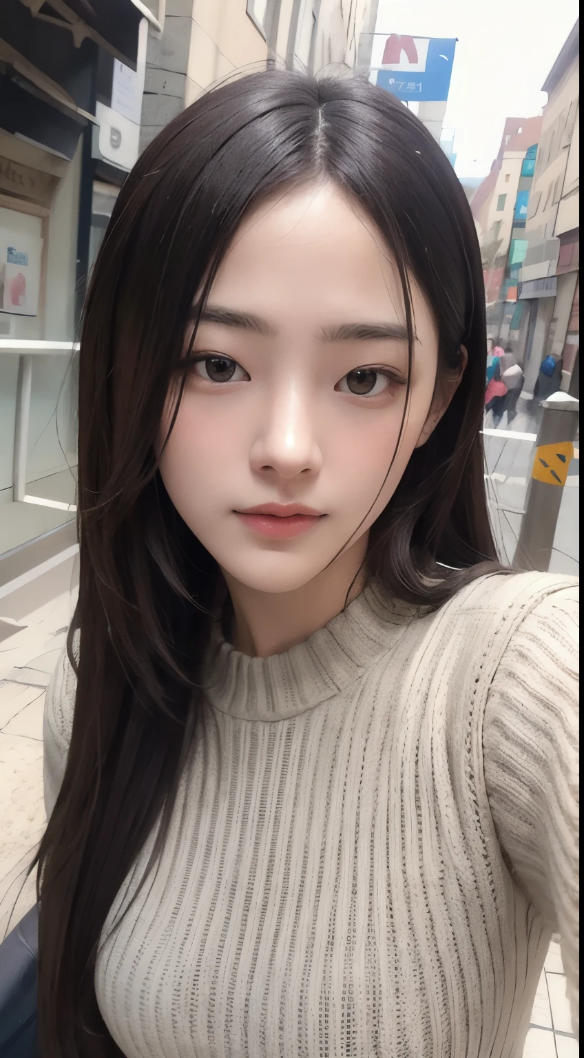 Photorealistic, masutepiece, Best Quality, Raw photo, selfee、1girl in, Solo, Long hair, Brown hair, Detailed face, alluring face, Sweater that kills virgins, medium breasts, Dynamic Pose, Looking at Viewer, From below, Detailed background, fine detailed, intricate detailes, Ray tracing, depth of fields, lowkey, nffsw