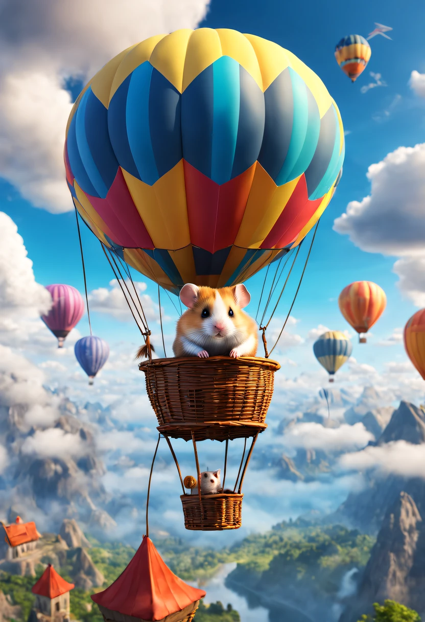 Hamster Adventurer,Hamster sitting in hot air balloon,Colorful,In the clouds,beautiful sky,Surreal,Epic dreams,a fairy world,Lighting,high high quality,a 3D render,ultra - detailed,realistically,Vibrant colors,Amazing lighting