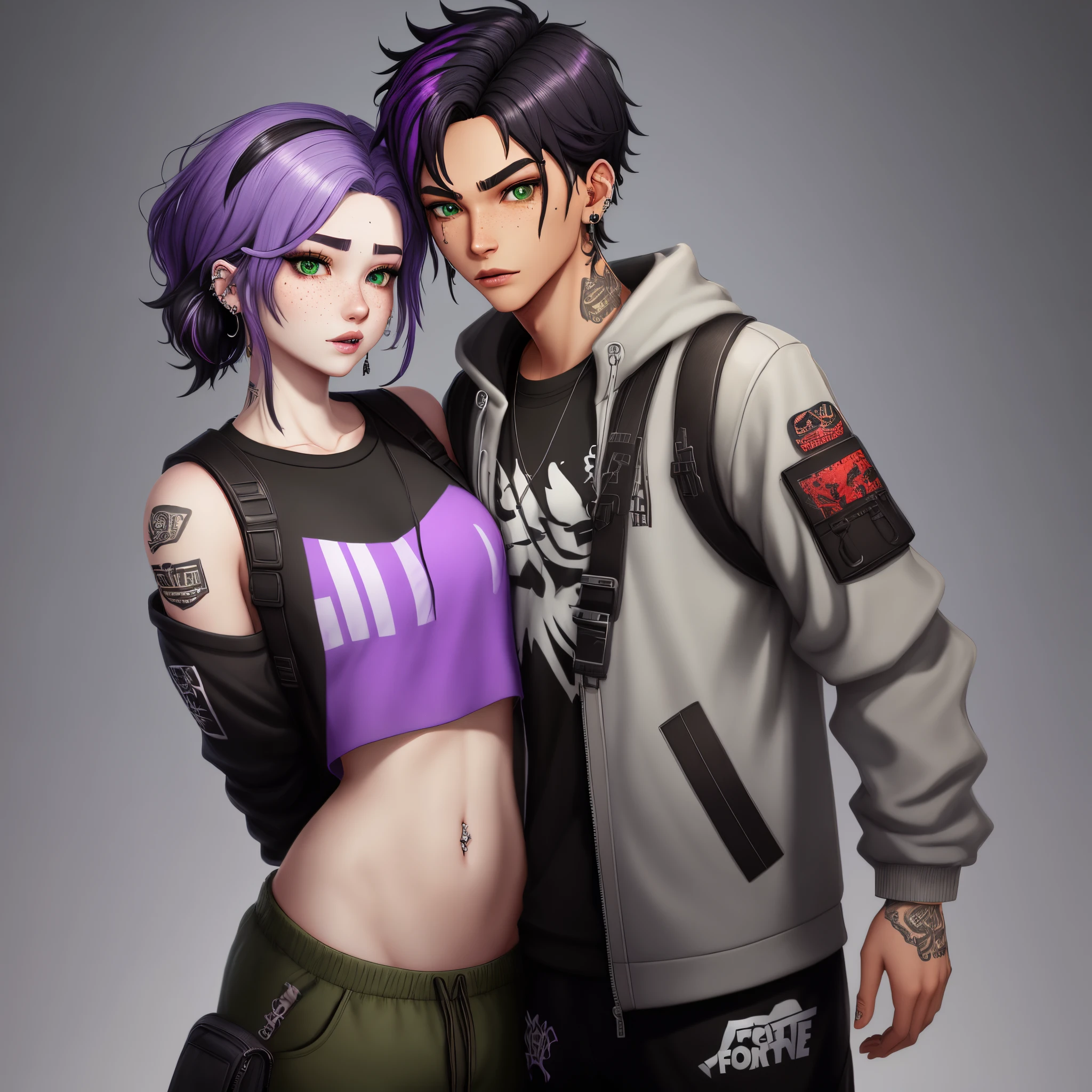 fortnite skin with medium length black hair with purple streaks, pale skin, green eyes, freckles, septum piercing, nose piercing on both sides, vertical labret piercing, eyebrow piercing, snake bite piercing, with dark colored baggy clothes