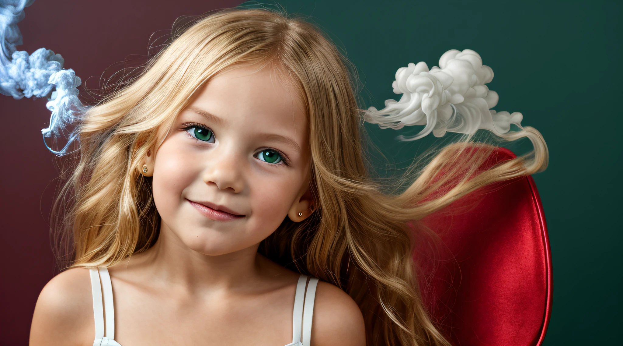 close-up CHILDREN BLONDE GIRL WITH LONG HAIR, em um fundo do DIABO VERMELHO., usando um vestido prateado, vestido prateado e halo em chamas, Studio photo session, fundo branco. FUMO FUMO VERDE. LASER VERDE.