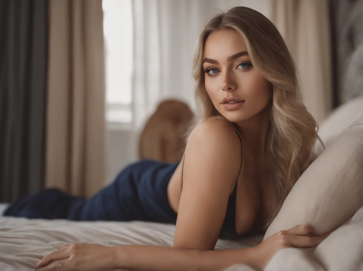 arafed woman fully , sexy girl with blue eyes, ultra realistic, meticulously detailed, portrait sophie mudd, blonde hair and large eyes, selfie of a young woman, bedroom eyes, violet myers, without makeup, natural makeup, looking directly at the camera, face with artgram, subtle makeup, stunning full body shot kneeling on bed, in bedroom, medium to large size bust, woman in bikini