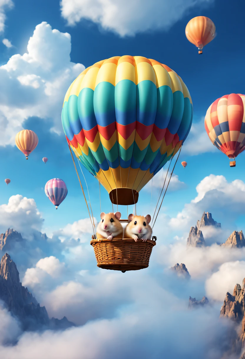 Hamster Adventurer,Hamster sitting in hot air balloon,Colorful,In the clouds,beautiful sky,Surreal,Epic dreams,a fairy world,Lighting,high high quality,a 3D render,ultra - detailed,realistically,Vibrant colors,Amazing lighting