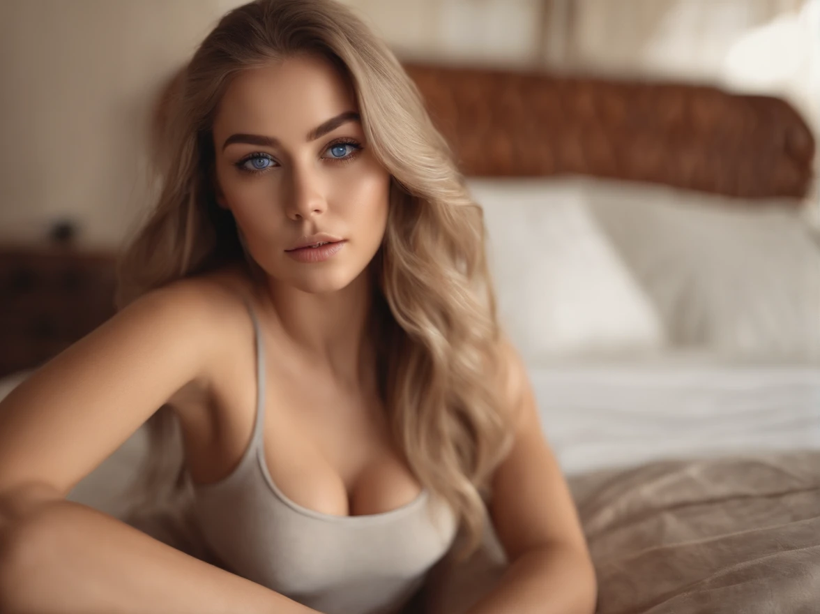 arafed woman fully , sexy girl with blue eyes, ultra realistic, meticulously detailed, portrait sophie mudd, blonde hair and large eyes, selfie of a young woman, bedroom eyes, violet myers, without makeup, natural makeup, looking directly at the camera, face with artgram, subtle makeup, stunning full body shot kneeling on bed, in bedroom, medium to large size bust, woman in bikini