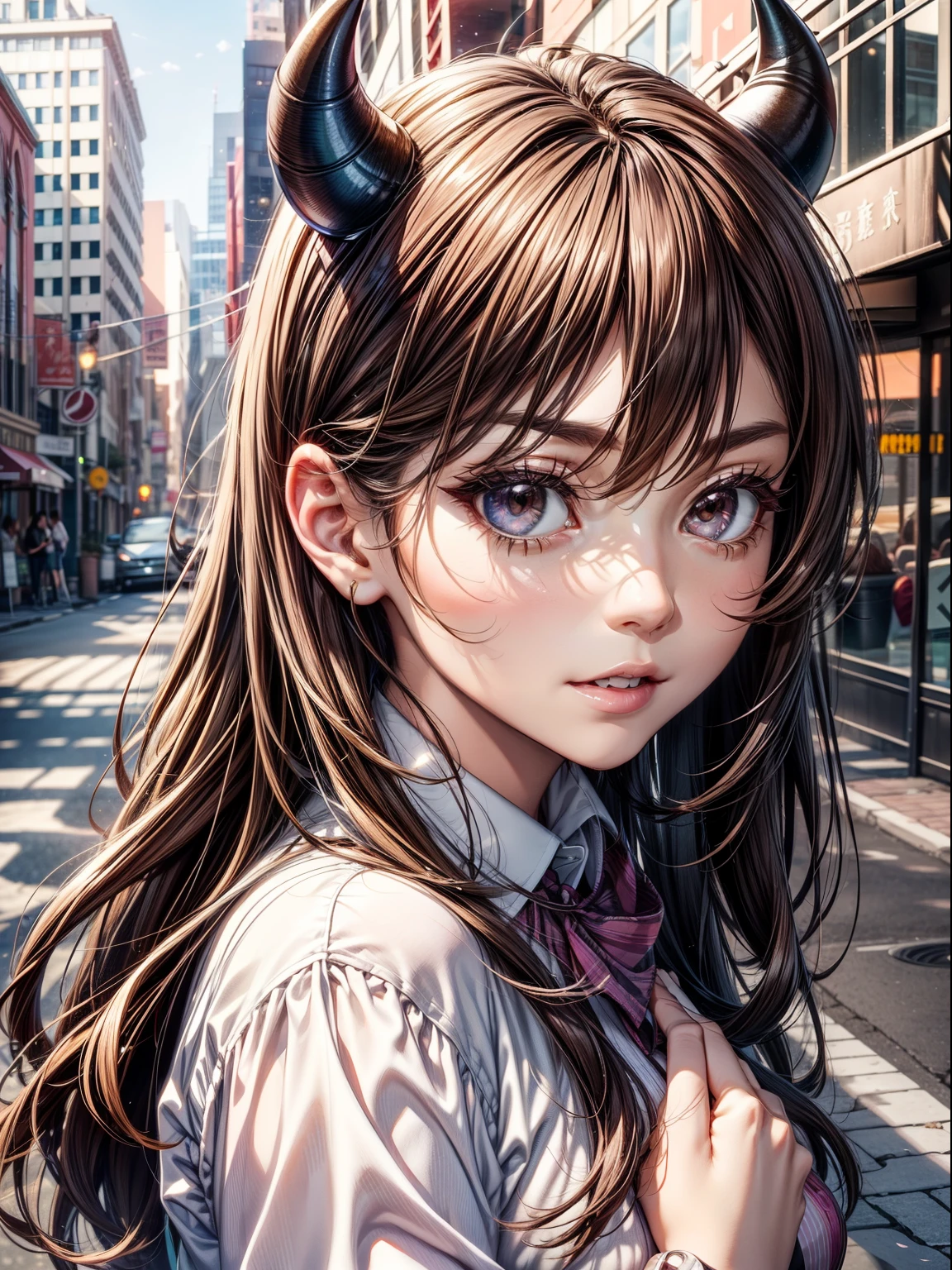 Best Quality, masutepiece, beautiful mature women、Beautiful face、Strong-minded woman、Wearing an office blouse、brown haired、Brown-eyed、long Hair、pink eyes、Full body like、Block sunlight with your hands、suns、look up sky、Downtown、A little dazzling, horns