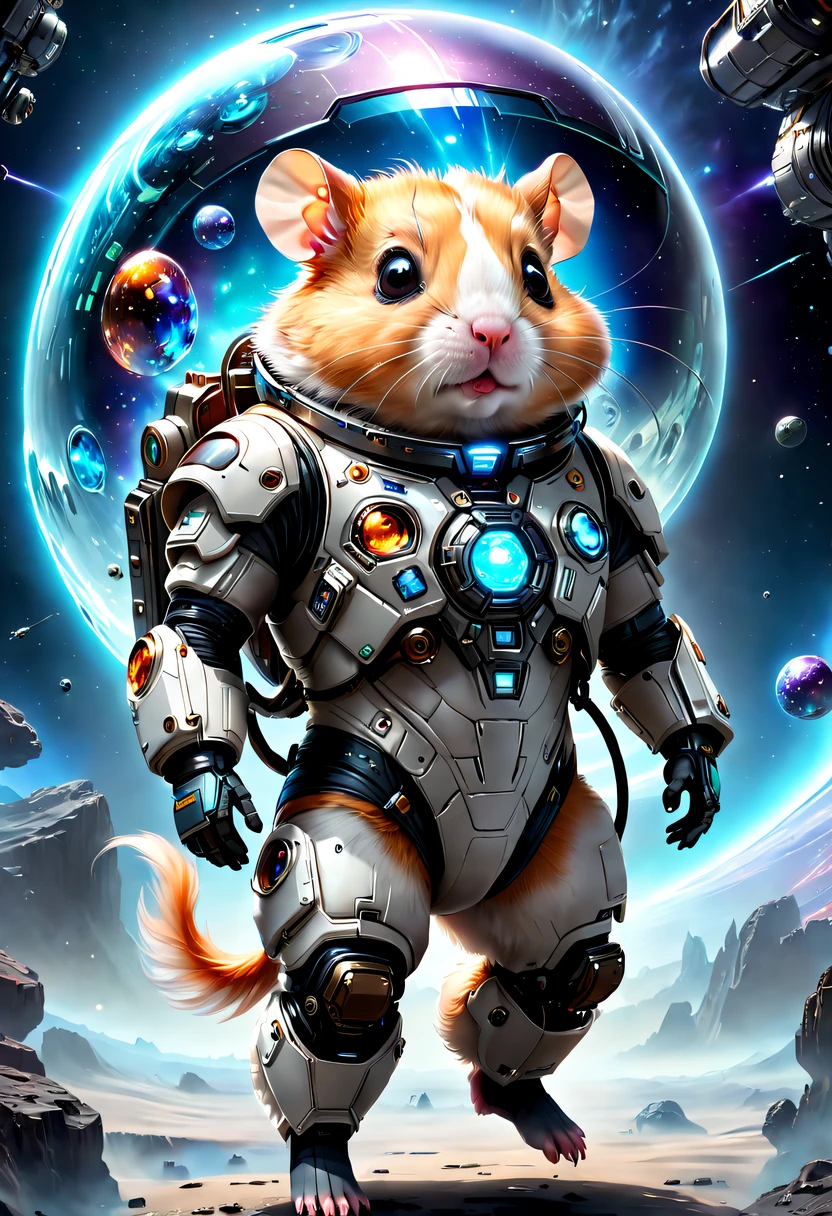 A heavily armed futuristic hamster astronaut falls from the sky,Boarding the crystal asteroid,Interstellar,Endless space,ssee-through,depth of fields,((tmasterpiece)),(Best quality)),Magnificent space image scene,Beautiful and colorful crystals,ultra-realistic realism, super detailing, Acura, Best quality, hyper HD, tmasterpiece, Anatomically correct, A high resolution, 16k,(Best quality,4K,8K,A high resolution,tmasterpiece:1.2),ultra - detailed,actual,Translucent ethereal mechanical future hamster astronaut,Futuristic futuristic hamster astronaut,Mechanical joint,Futuristic space background,Beautiful sci-fi art, Sci-fi digital art illustration, Digital Cyberpunk Art, science fiction digital painting, futuristic digital painting, futuristic concept art, The interstellar landscape before science fiction movies, science fiction digital art, Advanced digital cyberpunk art, Amazing cyberpunk futuristic hamster warrior
