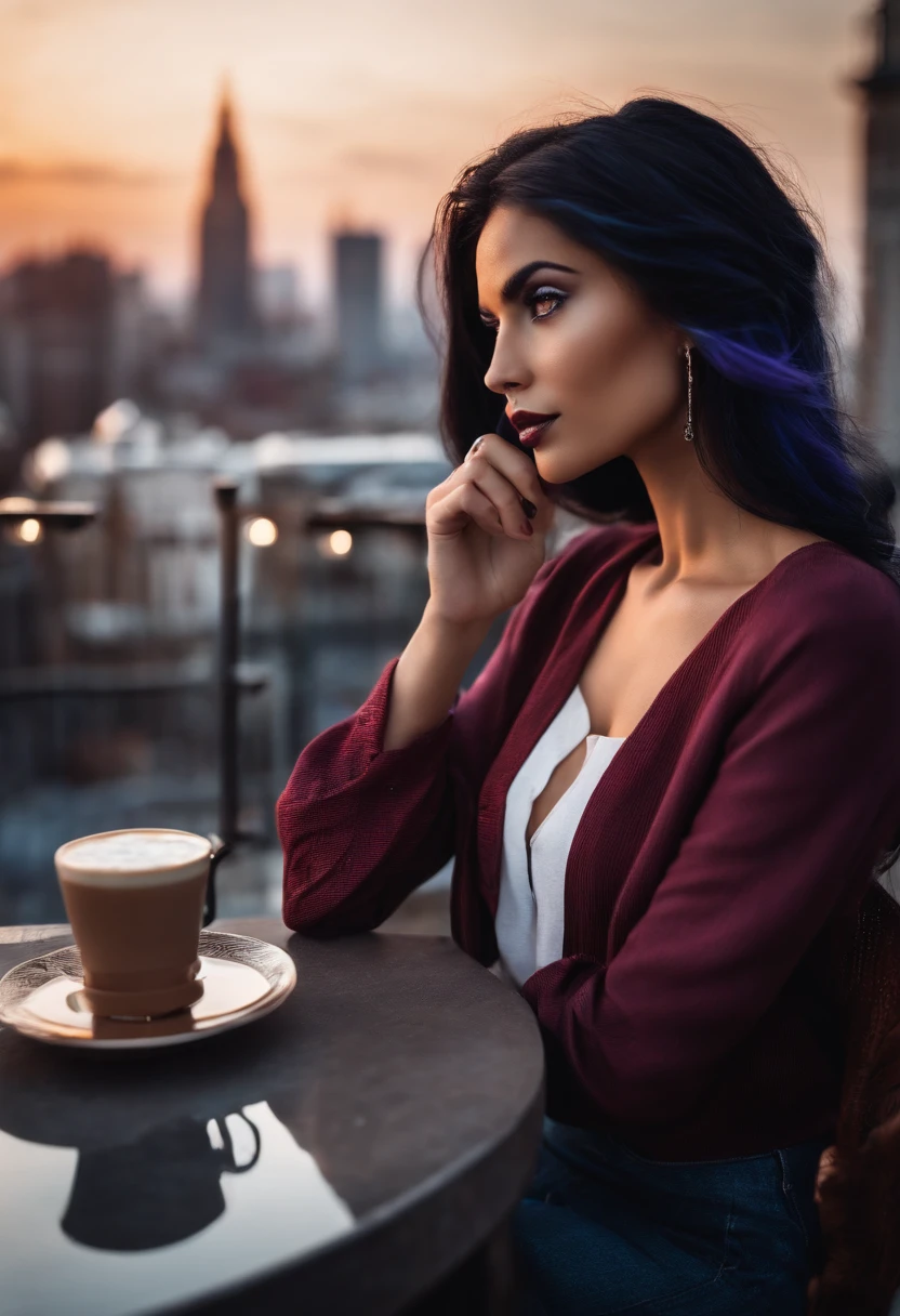 A photo of the character sipping a cappuccino at a trendy rooftop cafe, with a stunning city view in the background.,original,She has long, ebony black hair with purple streaks and red tips, icy blue eyes "like limpid tears" (even when they've mysteriously turned red), and she only wears clothing from Hot Topic., female