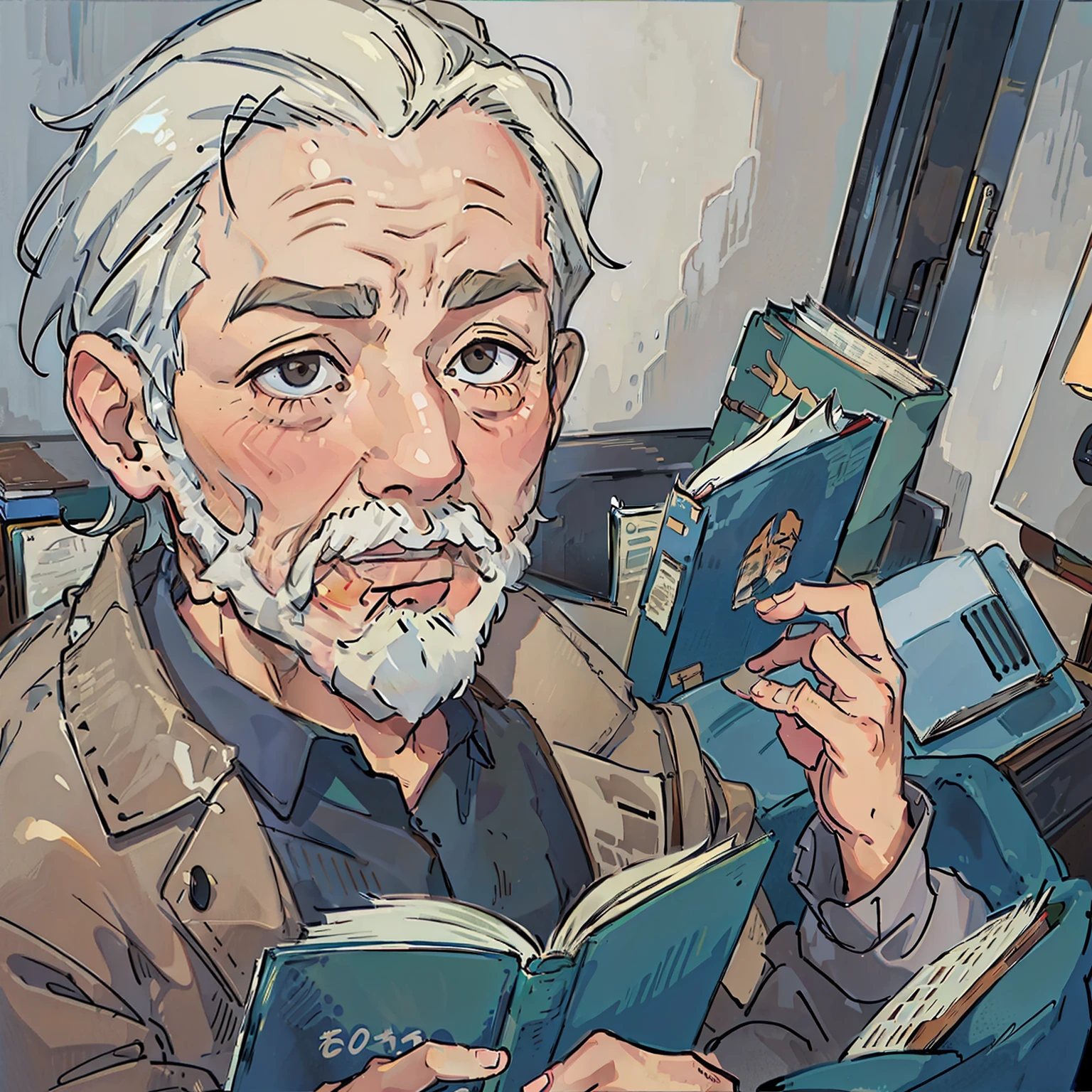 old man reading a book, detailed face