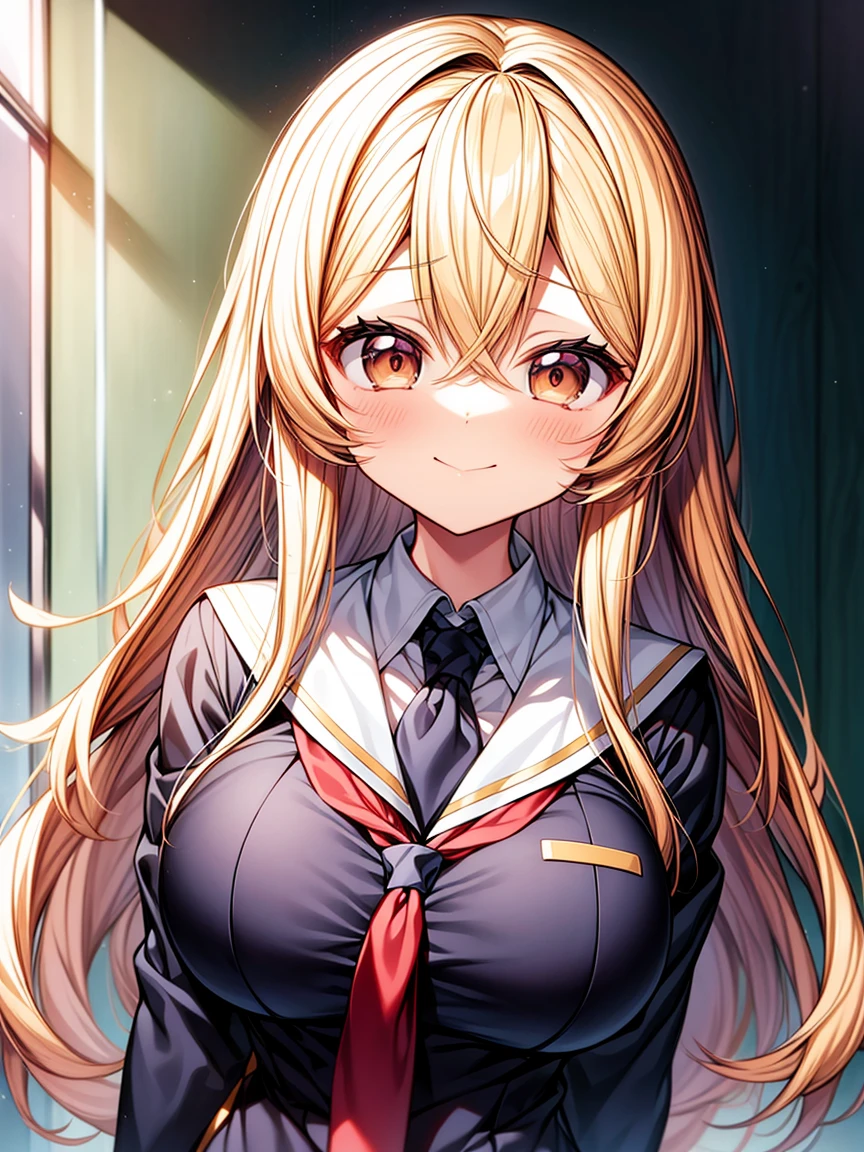 sumino_sayaka_ahogirl, long_hair, blonde_hair, brown_eyes, school uniform, large breasts, upper body, add_detail:1