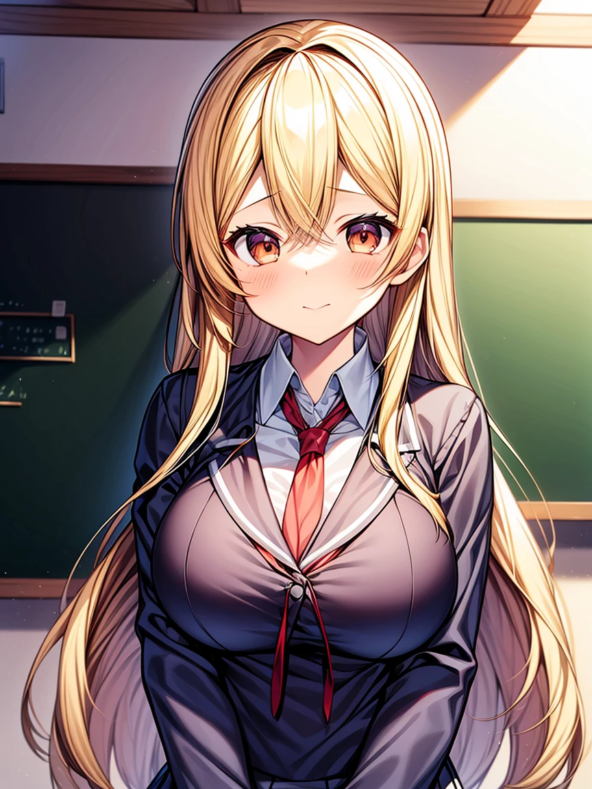 sumino_sayaka_ahogirl, long_hair, blonde_hair, brown_eyes, school uniform, large breasts, upper body, add_detail:1