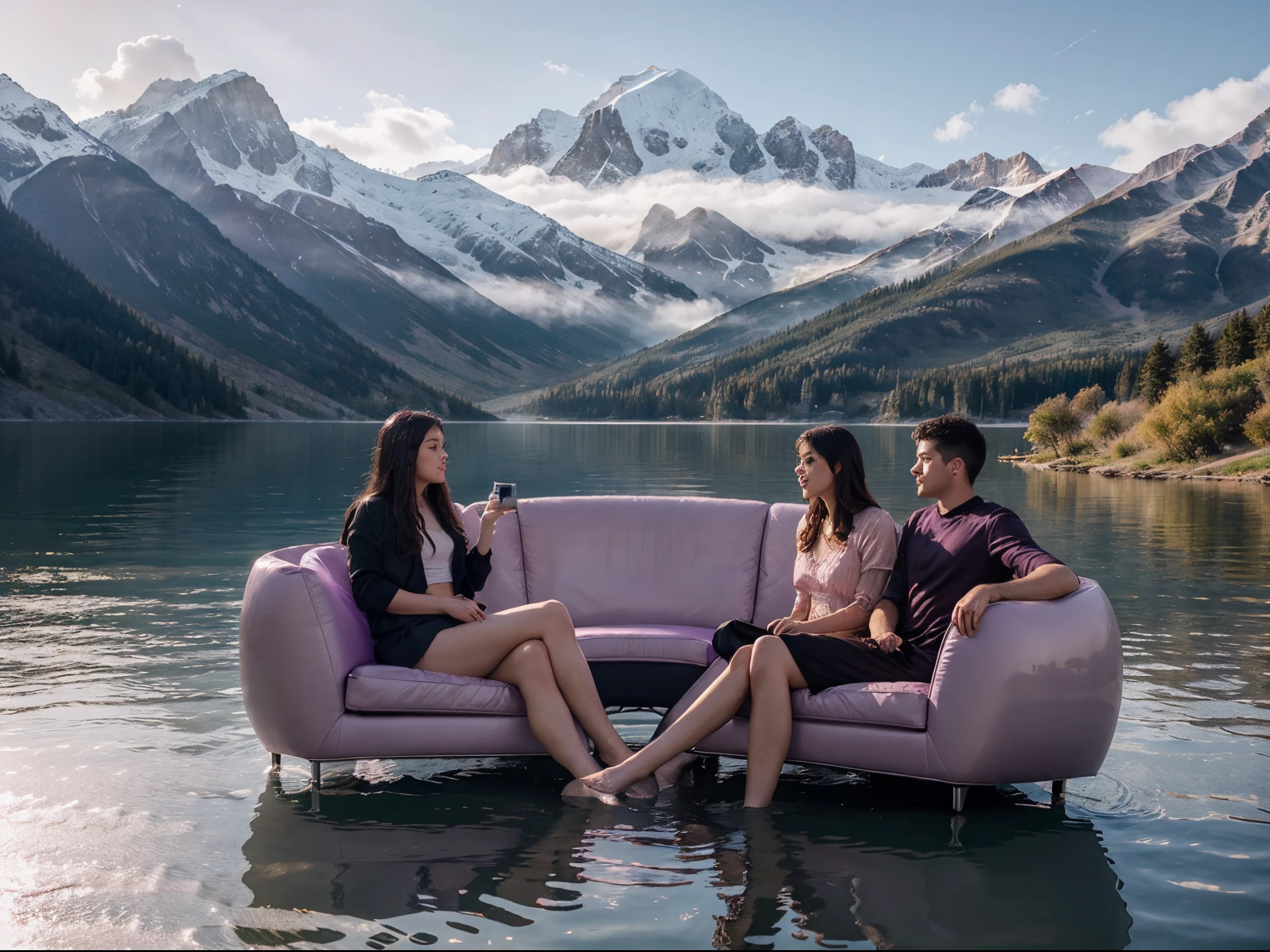 A lake with fog and mountains in the background, with several people sitting on metallic floating sofas on the lake, in a light pink and purple surrealistic style, with a professional camera quality