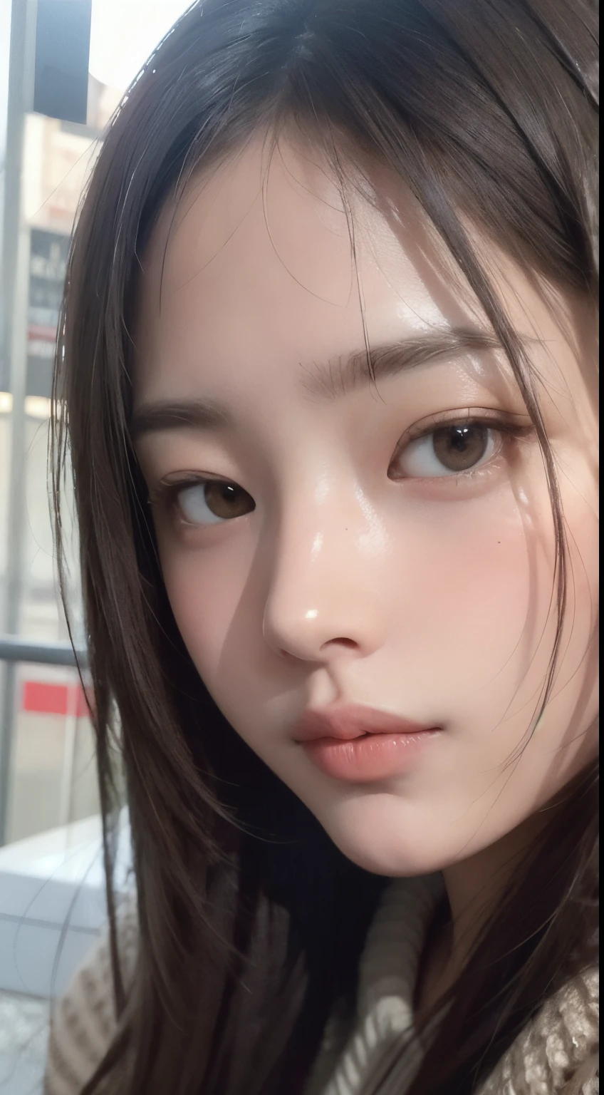 Photorealistic, masutepiece, Best Quality, Raw photo, selfee、1girl in, Solo, Long hair, Brown hair, Detailed face, alluring face, Sweater that kills virgins, medium breasts, Dynamic Pose, Looking at Viewer, From below, Detailed background, fine detailed, intricate detailes, Ray tracing, depth of fields, lowkey, nffsw