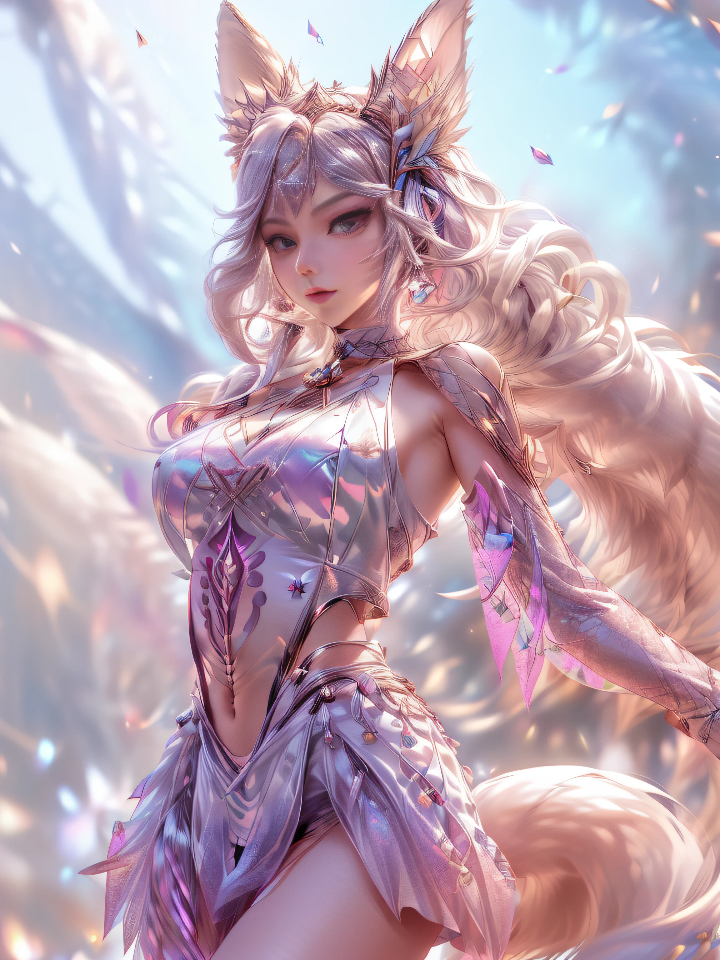 ultra realistic 8k cg, masterpiece, ((ultra detailed background, delicate pattern, intricate detail)), (highly detailed, fine details), best quality, (photorealistic:1.4),beautiful lighting, 9 tail fox girl, white hair, short kimono, logo. Upper body portrait, mebig breast, cleavage, collar bone,