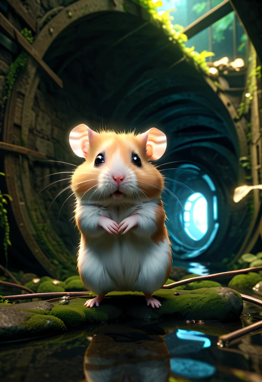 (future hamster:1.3),tmasterpiece,Basic Quality,realistically,offcial art,The content is very detailed,tmasterpiece,Best quality,(The is very detailed的 CG unified 8k 壁纸),(Best quality),(The best illustrations),(The best shadow),Very detailed pictures,(8K,Best quality),A stream flows through an abandoned tunnel,Mechanical hamster in the stream,cyberpunk hamster,sci-fy,Gothic,hyper realisitc,(Luminous illumination, ambientlighting), chilly, gloomily, magical,
