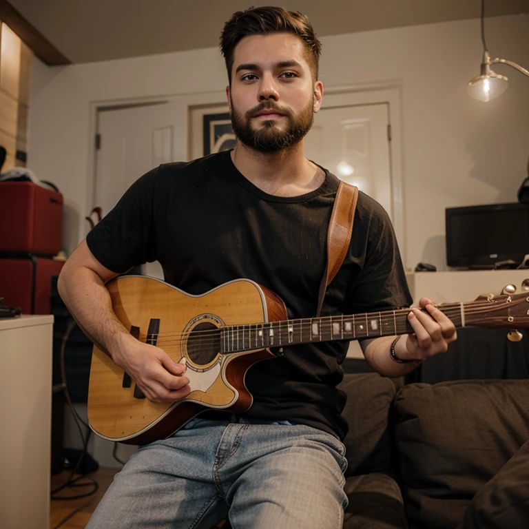 Male, short beard, young, attractive, guitar in background