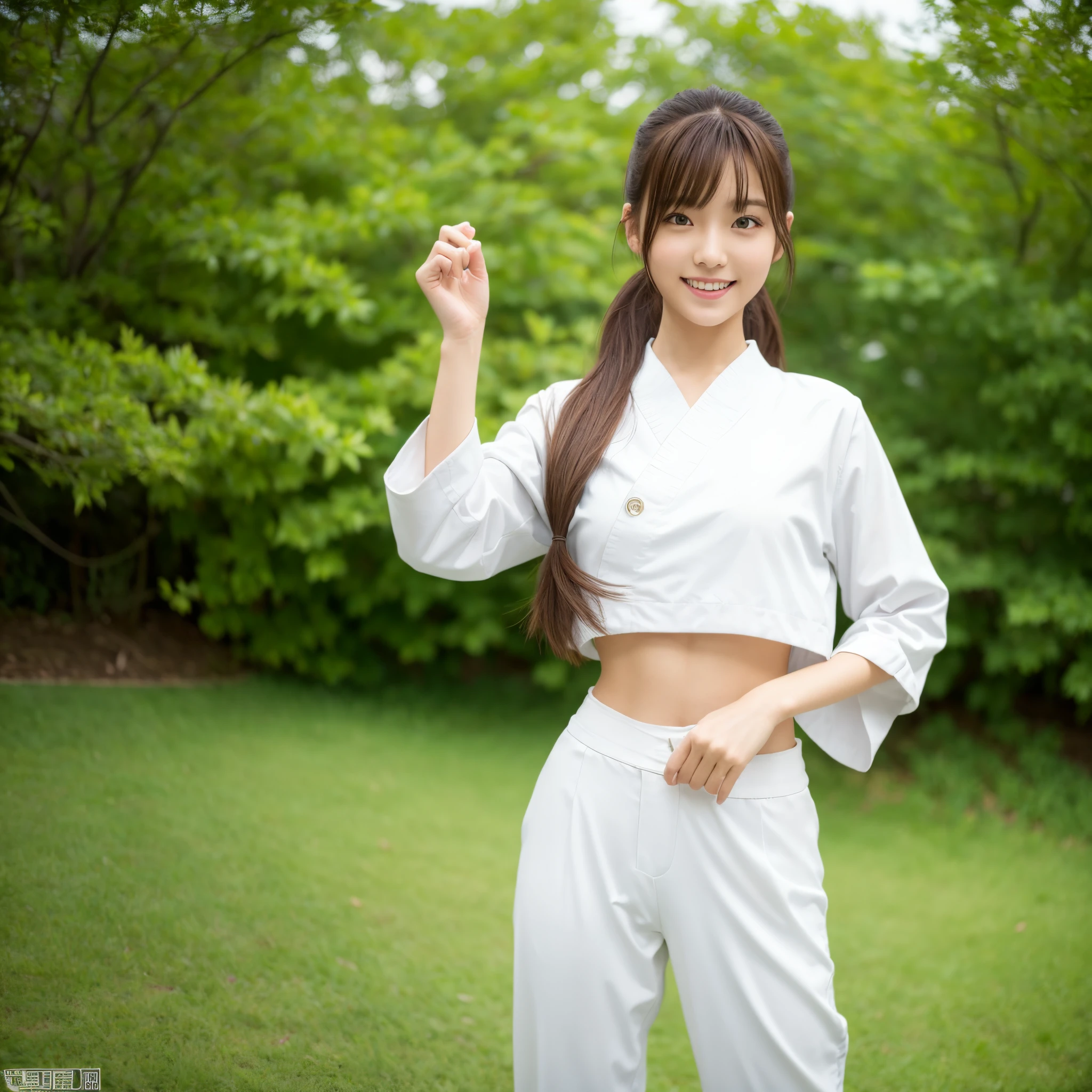 (Photorealsitic)(sixteen years old), Pretty Woman, (Full body 8K portrait), 1 girl in, White Karate Uniform, White karate pants, Large bust,Stand alone, Large and dynamic hand and foot movements, Stick out your fist, Make a high side kick, Correct skeleton, Perfect facial detail, (Smile: 1.15), attractive beautiful face, gazing at viewer, a small face, 二重まぶた, Beautiful detailed eyes, long eyeslashes, ligh brown hair, poneyTail, Toned waist, Beautiful thin legs, toned ankles, bare-legged ,TOKYOcty, the background is green, no nsfw
