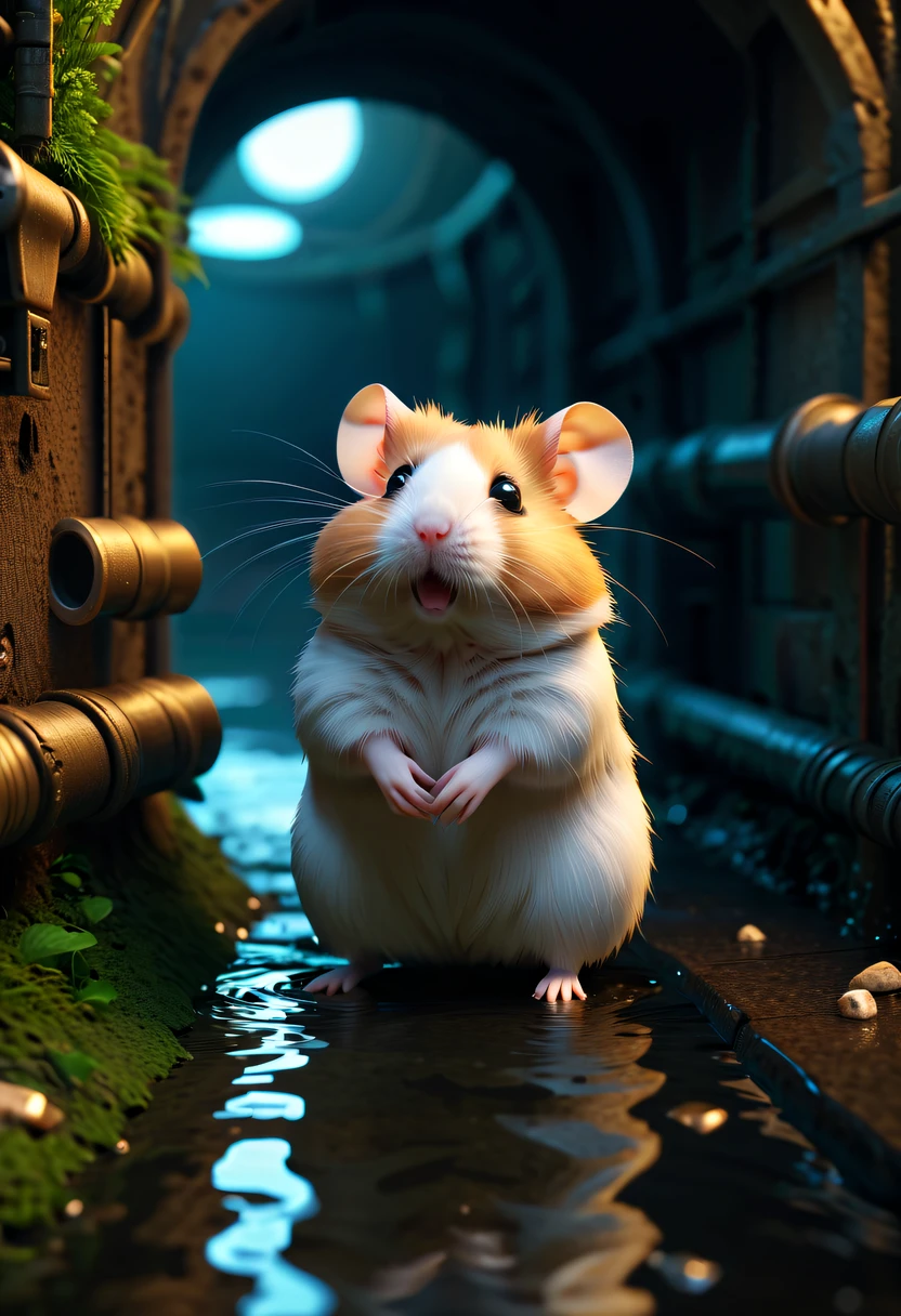 (future hamster:1.3),tmasterpiece，Basic Quality，realistically，offcial art，The content is very detailed，tmasterpiece，Best quality，（The is very detailed的 CG unified 8k 壁纸），（Best quality），（The best illustrations），（The best shadow），Very detailed pictures，（8K，Best quality），A small stream flows through an abandoned sewer，Mechanical hamster in the stream，cyberpunk hamster，sci-fy，Gothic，hyper realisitc，（Luminous illumination， ambientlighting）， chilly， gloomily， magical，