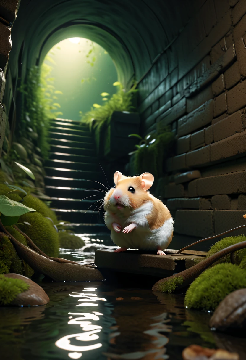 (future hamster:1.3),tmasterpiece，Basic Quality，realistically，offcial art，The content is very detailed，tmasterpiece，Best quality，（The is very detailed的 CG unified 8k 壁纸），（Best quality），（The best illustrations），（The best shadow），Very detailed pictures，（8K，Best quality），A small stream flows through an abandoned sewer，Mechanical hamster in the stream，cyberpunk hamster，sci-fy，Gothic，hyper realisitc，（Luminous illumination， ambientlighting）， chilly， gloomily， magical，