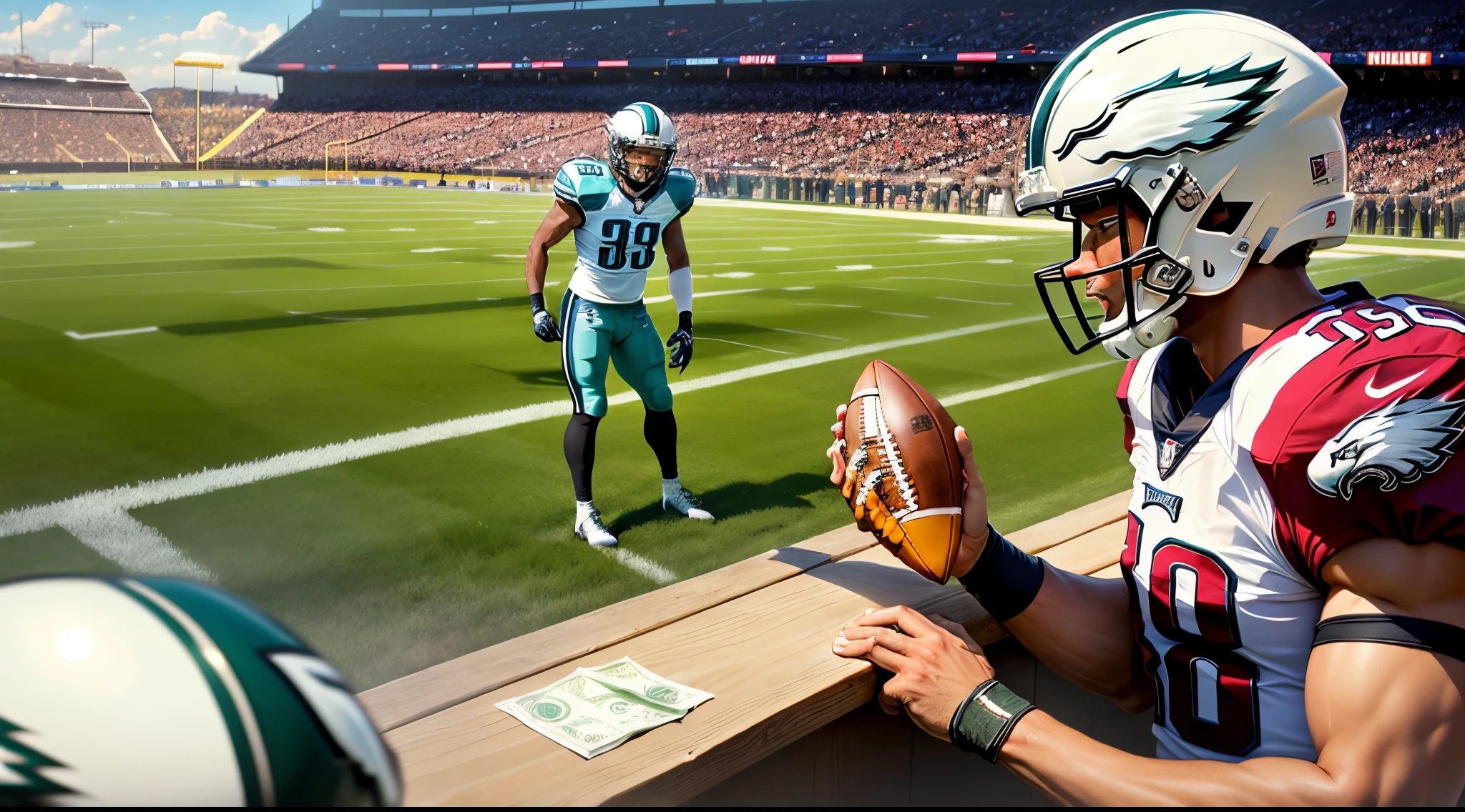 Ref paying Philadelphia eagles football players money on the stadium