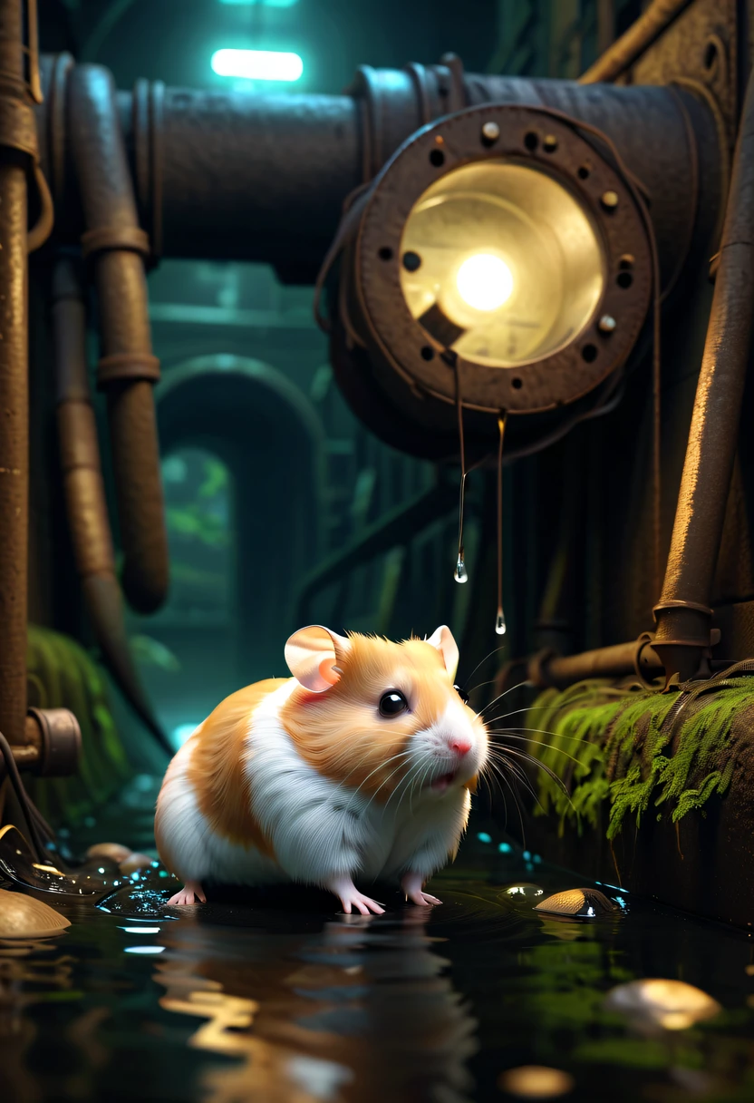 (future hamster:1.3),tmasterpiece，Basic Quality，realistically，offcial art，The content is very detailed，tmasterpiece，Best quality，（The is very detailed的 CG unified 8k 壁纸），（Best quality），（The best illustrations），（The best shadow），Very detailed pictures，（8K，Best quality），A small stream flows through an abandoned sewer，Mechanical hamster in the stream，cyberpunk hamster，sci-fy，Gothic，hyper realisitc，（Luminous illumination， ambientlighting）， chilly， gloomily， magical，