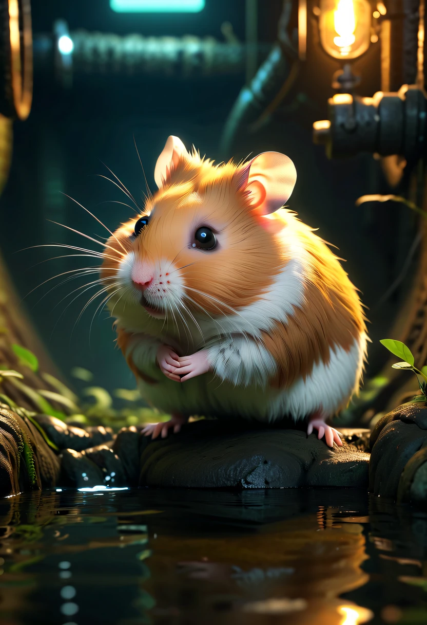 (future hamster:1.3),tmasterpiece，Basic Quality，realistically，offcial art，The content is very detailed，tmasterpiece，Best quality，（The is very detailed的 CG unified 8k 壁纸），（Best quality），（The best illustrations），（The best shadow），Very detailed pictures，（8K，Best quality），A small stream flows through an abandoned sewer，Mechanical hamster in the stream，cyberpunk hamster，sci-fy，Gothic，hyper realisitc，（Luminous illumination， ambientlighting）， chilly， gloomily， magical，